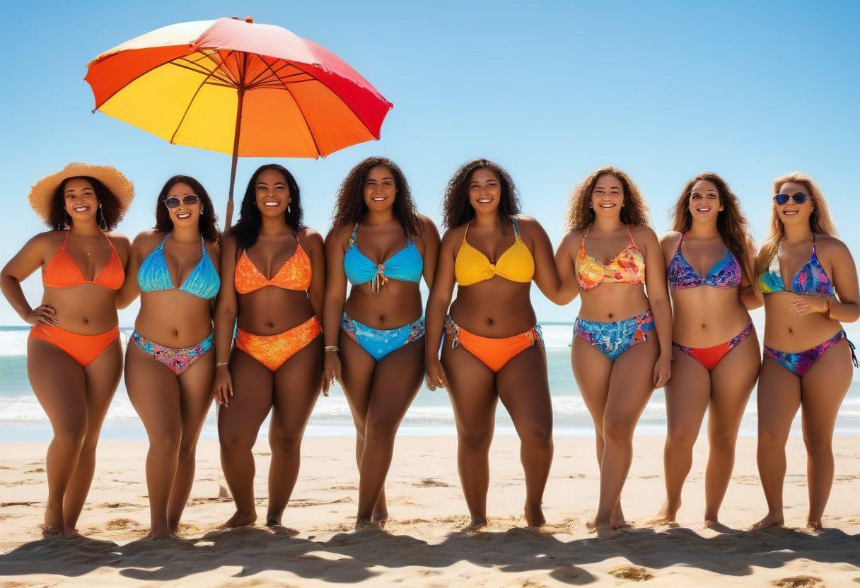 A diverse group of confident individuals of all body types, joyfully posing on a sunny beach, showcasing vibrant beachwear and accessories. The scene captures their radiant smiles under a bright blue sky, with colorful surfboards and beach umbrellas in the background. Emphasize a sense of empowerment and community through body positivity. bright colors. super-realistic. summer vibes.